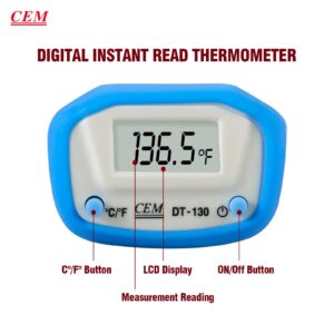 CEM Instant Read Digital Meat Thermometer for Food, Bread Baking, Water, and Liquid. Waterproof and Long Probe with Meat Temp Guide for Cooking, Display with Backlit DT-130(Blue)