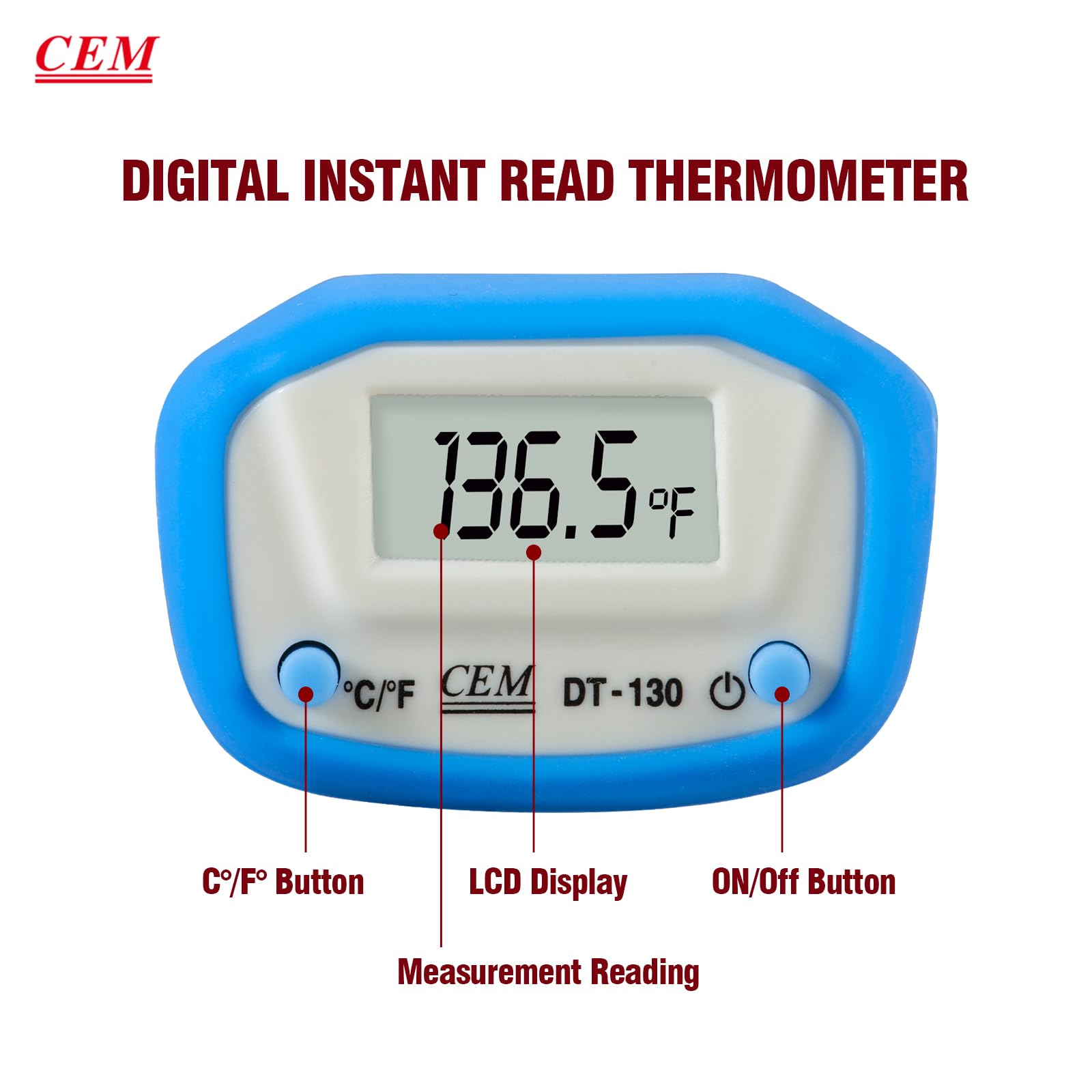 CEM Instant Read Digital Meat Thermometer for Food, Bread Baking, Water, and Liquid. Waterproof and Long Probe with Meat Temp Guide for Cooking, Display with Backlit DT-130(Blue)