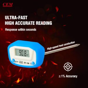 CEM Instant Read Digital Meat Thermometer for Food, Bread Baking, Water, and Liquid. Waterproof and Long Probe with Meat Temp Guide for Cooking, Display with Backlit DT-130(Blue)