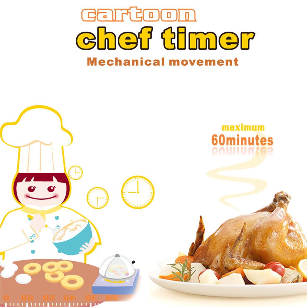 Golandstar Cute Cartoon Chef Timers 60 Minutes Mechanical Kitchen Cooking Timer Clock Loud Alarm Counters Mini Size Manual Timer (Yellow)