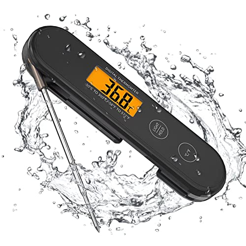 Digital Meat Thermometer for Cooking with Probe and Backlight，IP67 Waterproof CookingThermometer for Grilling BBQ, Kitchen Cooking,Candy,Oil and Roast Turkey ,Instant Read Thermometer Digital(Black)