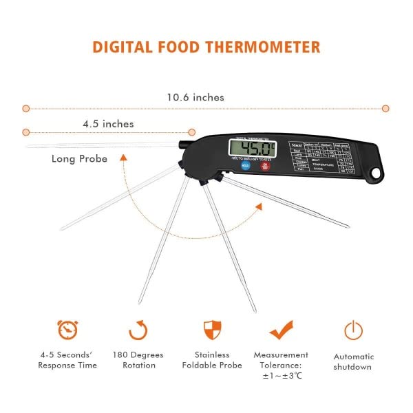 Sweet Dwelling Instant Read Digital Meat Thermometer with Stainless Steel Probe, Fast Food Temperature Readings with Precision Accuracy for Steaks, Chicken, Poultry, Safe Oven, Grilling, and BBQ USE