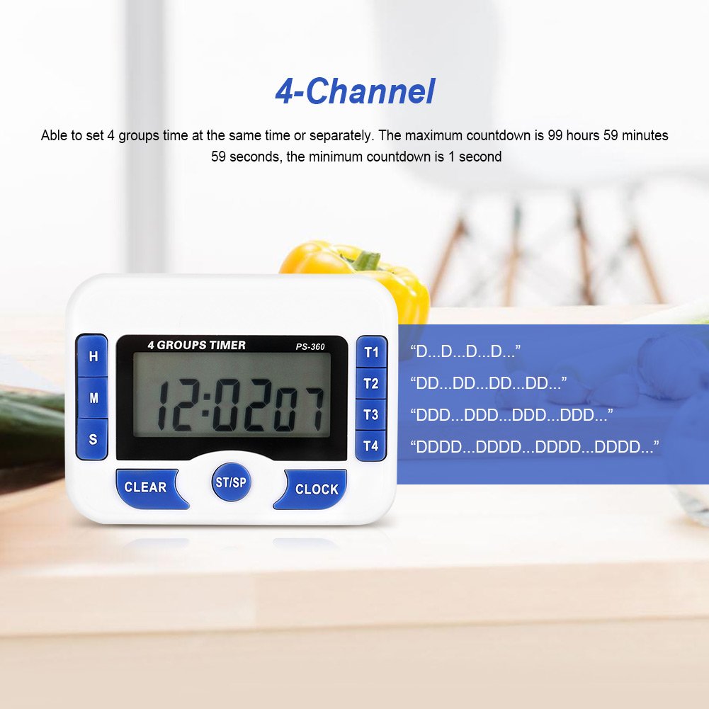 4‑Channel Digital Kitchen Timer, Independent Group Timer, Kitchen Cooking Countdown Clock with Magnetic Back for Exercise, Oven, Cook, Baking, Desk