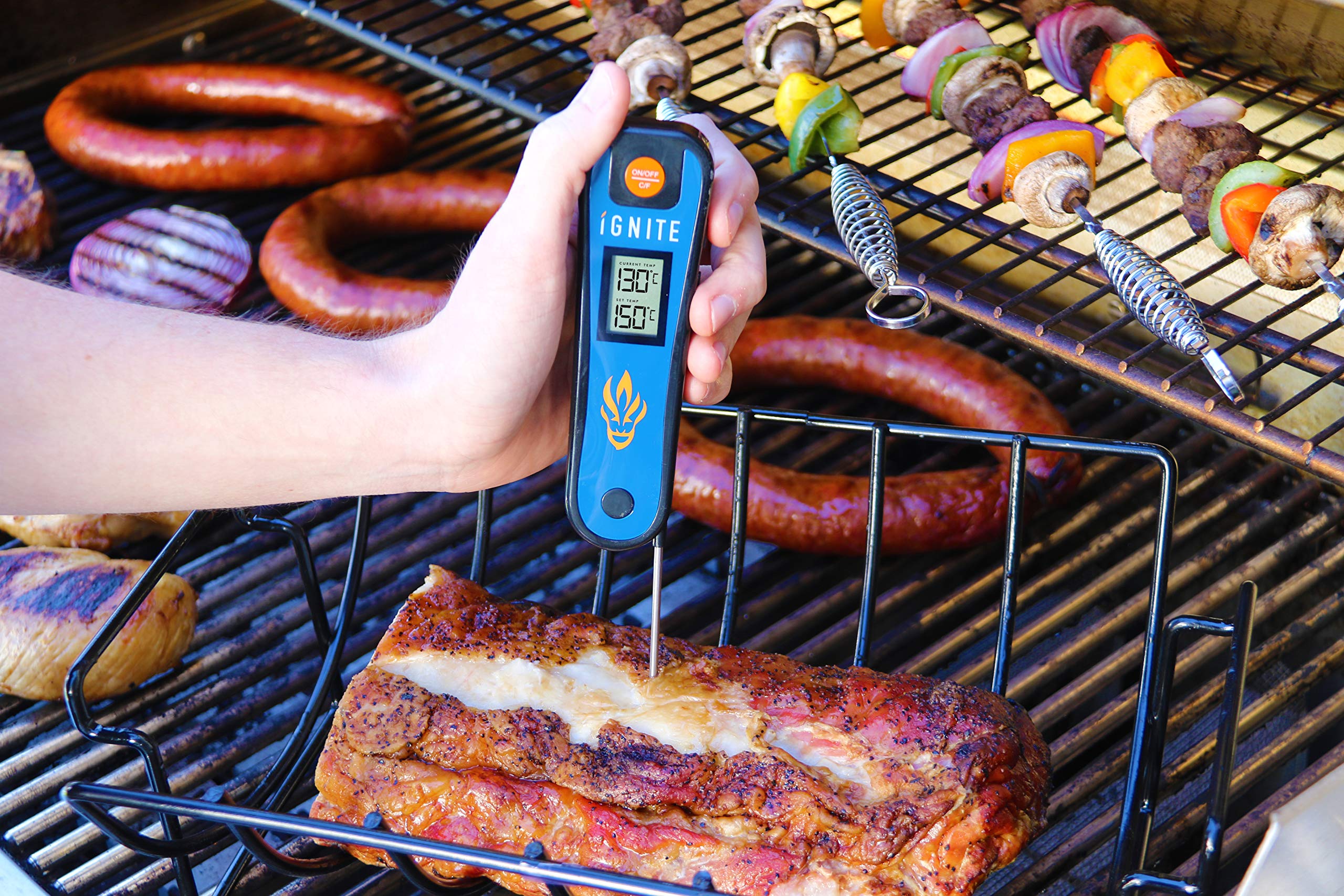 Ignite Instant Read Thermometer - Push Button FLIP-Out Design- Digital Thermometer for Kitchen, Outdoor Cooking, BBQ, and Grill!