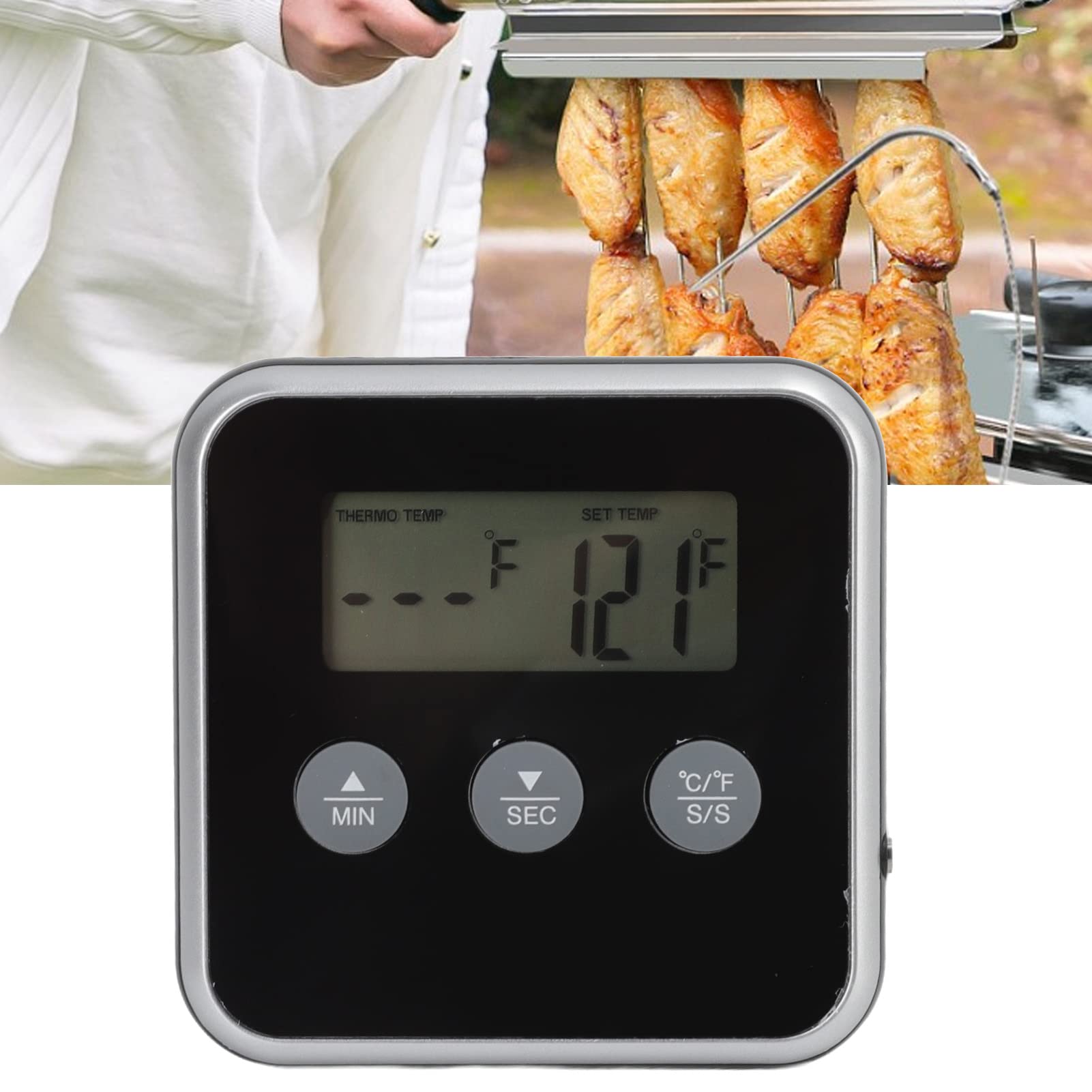 Jeanoko Kichen Timer, 2 Units Battery Powered Safe Food Thermometer LCD Display Long Probe Alarm Function Food Grill Thermometer Multifunctional for Industry for Grill