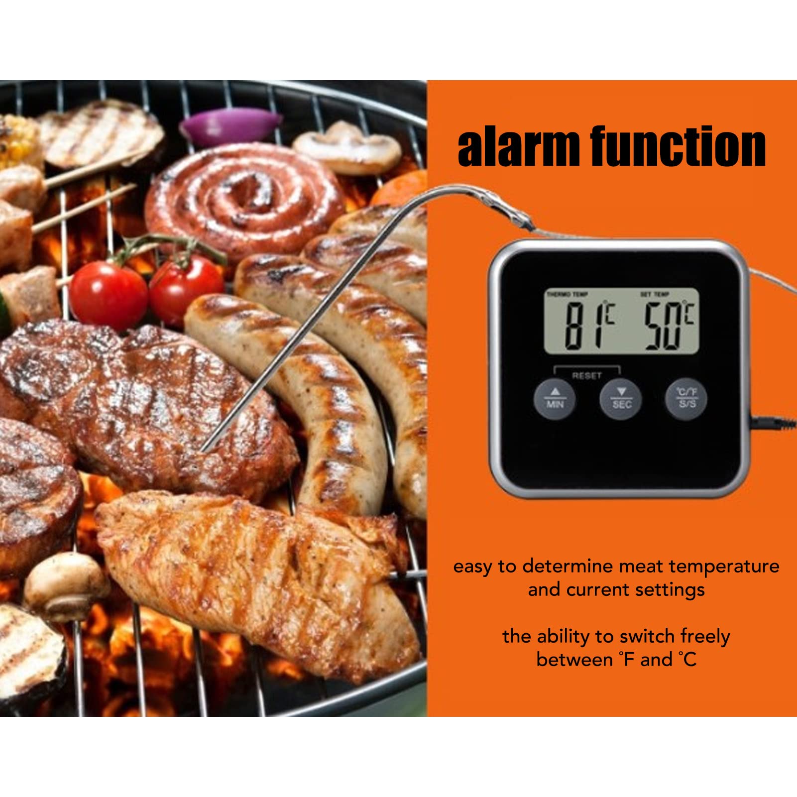 Jeanoko Kichen Timer, 2 Units Battery Powered Safe Food Thermometer LCD Display Long Probe Alarm Function Food Grill Thermometer Multifunctional for Industry for Grill