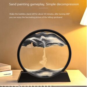 XKSWAMZ 3D Flowing Sand Painting, Moving Sand Art Decor, 3D Hourglass Round Natural Landscape Glass Sand Frame, Quicksand Painting Desktop Ornaments for Home and Office Decor (7 inches, Blue)