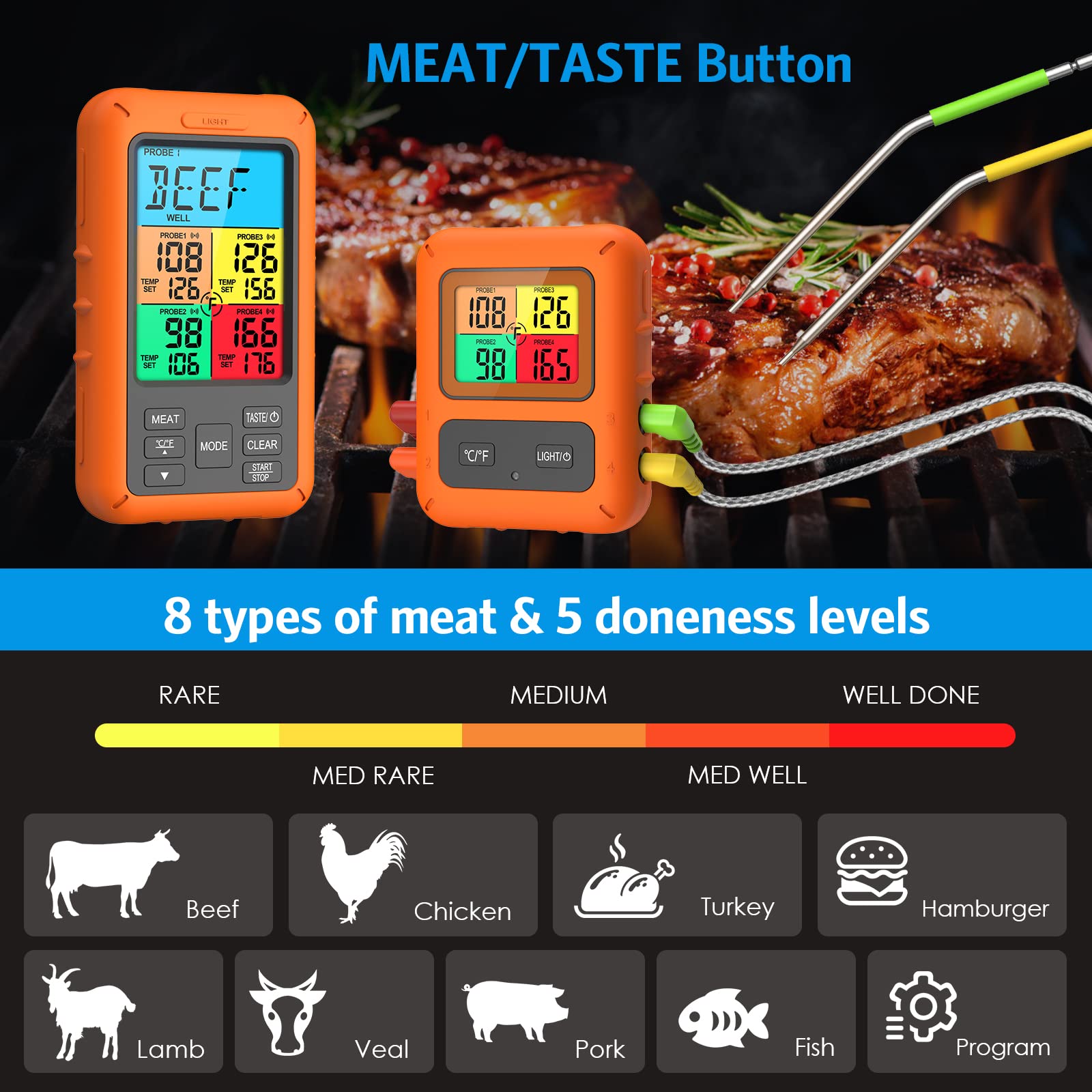 AMIR Wireless Meat Thermometer for Grilling and Smoking | Kitchen Food Cooking Candy Thermometer with 4 Meat Probes | 500FT Grill Thermometer for Outside Grill | BBQ Oven Thermometer for Beef Turkey