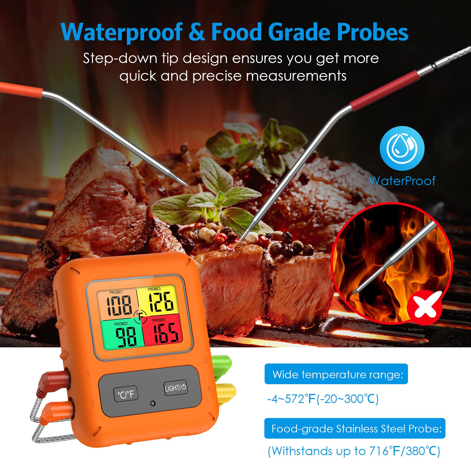 AMIR Wireless Meat Thermometer for Grilling and Smoking | Kitchen Food Cooking Candy Thermometer with 4 Meat Probes | 500FT Grill Thermometer for Outside Grill | BBQ Oven Thermometer for Beef Turkey