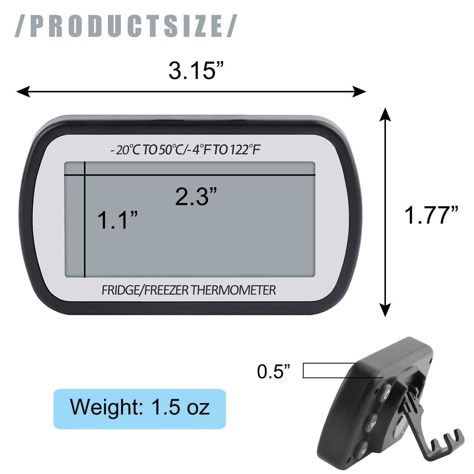 AEVETE Waterproof Digital Refrigerator Thermometer Large LCD Freezer Room Thermometer with Magnetic Back No Frills Easy to Read, 1 White 1 Black