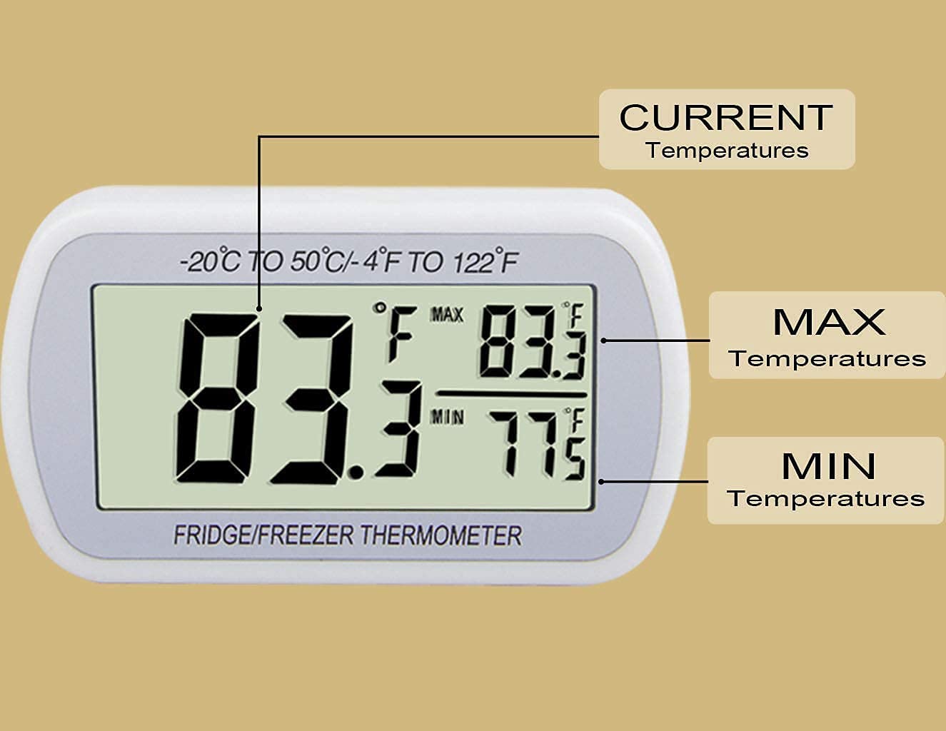 AEVETE Waterproof Digital Refrigerator Thermometer Large LCD Freezer Room Thermometer with Magnetic Back No Frills Easy to Read, 1 White 1 Black