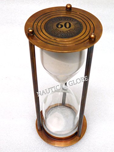 KHUMYAYAD 60 min brass sand timer brown antique finish, fully hand made vintage antique brass replica sand timer sand clock hour glass maritime nautical vint