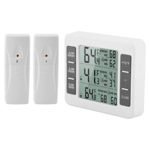 fridge thermometer, digital freezer thermometer, wireless thermometer with 2 sensors and acoustic alarm, refrigerator freezer inside outside thermometer, for kitchen home motorhome