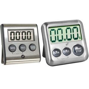 elegant digital kitchen timers 2 pack bundle featuring stainless steel models et-23 and model et-27, auto shutoff auto memory