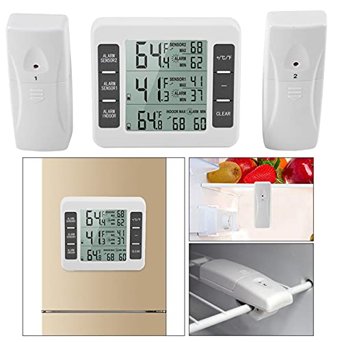 plplaaobo Therometer, 2pcs Refrigerator Temperature Sensor Wall-Mounted Wireless with Min/Maximum LCD Display, Portable Digital Alarm Thermometer with Adjustable Hanging Hook for Homes Offices