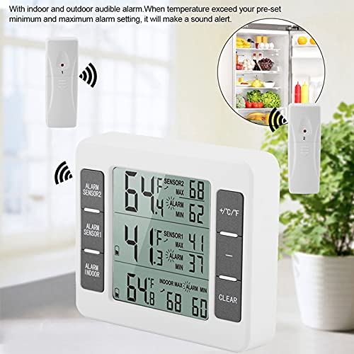 plplaaobo Therometer, 2pcs Refrigerator Temperature Sensor Wall-Mounted Wireless with Min/Maximum LCD Display, Portable Digital Alarm Thermometer with Adjustable Hanging Hook for Homes Offices