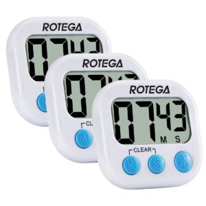 rotega 3 pack upgrade magnetic digital kitchen timer, auto shut-off, loud alarm and volume adjustable,strong magnet back, large lcd display, premium count-up & count down for cooking, classroom,white