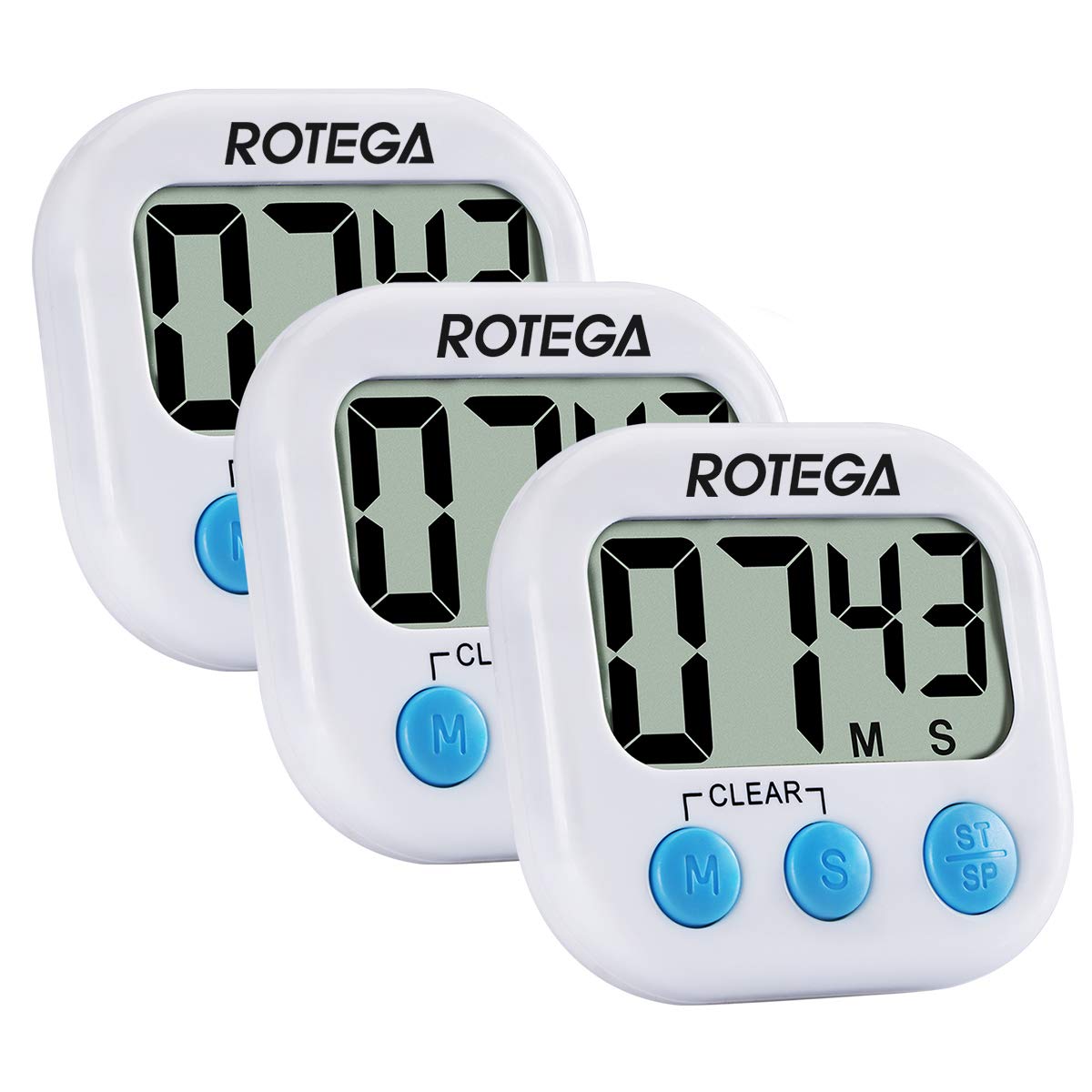 ROTEGA 3 Pack Upgrade Magnetic Digital Kitchen Timer, Auto Shut-Off, Loud Alarm and Volume Adjustable,Strong Magnet Back, Large LCD Display, Premium Count-Up & Count Down for Cooking, Classroom,White