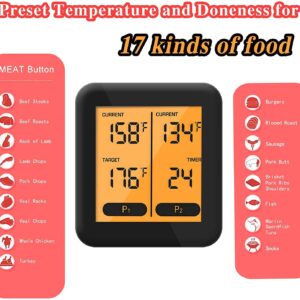 Wireless Meat Thermometer with Dual Probe for Grill BBQ Baking, Large LCD Display, Dual Time Alarm, Smart Instant Cooking Thermometer