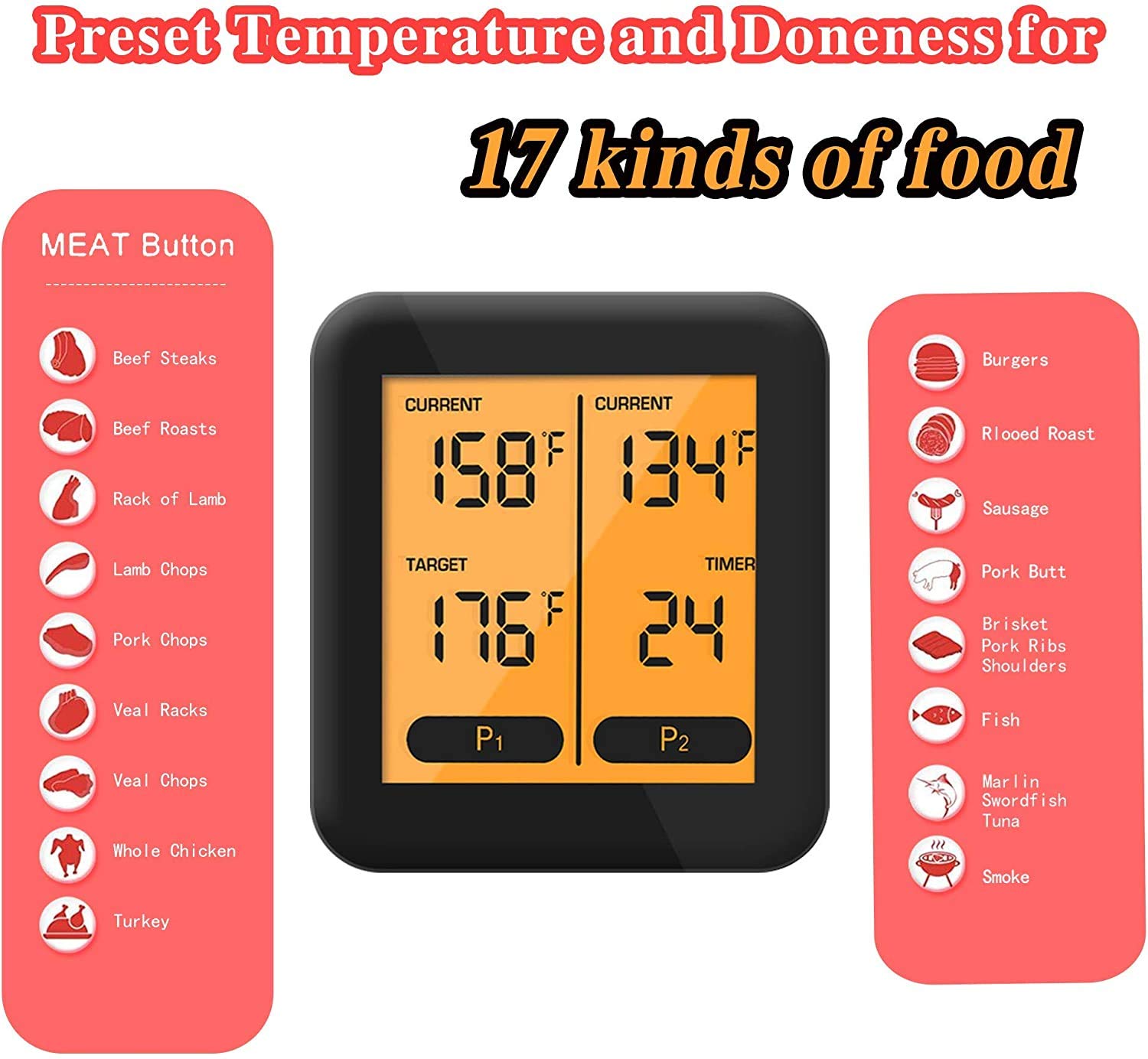 Wireless Meat Thermometer with Dual Probe for Grill BBQ Baking, Large LCD Display, Dual Time Alarm, Smart Instant Cooking Thermometer