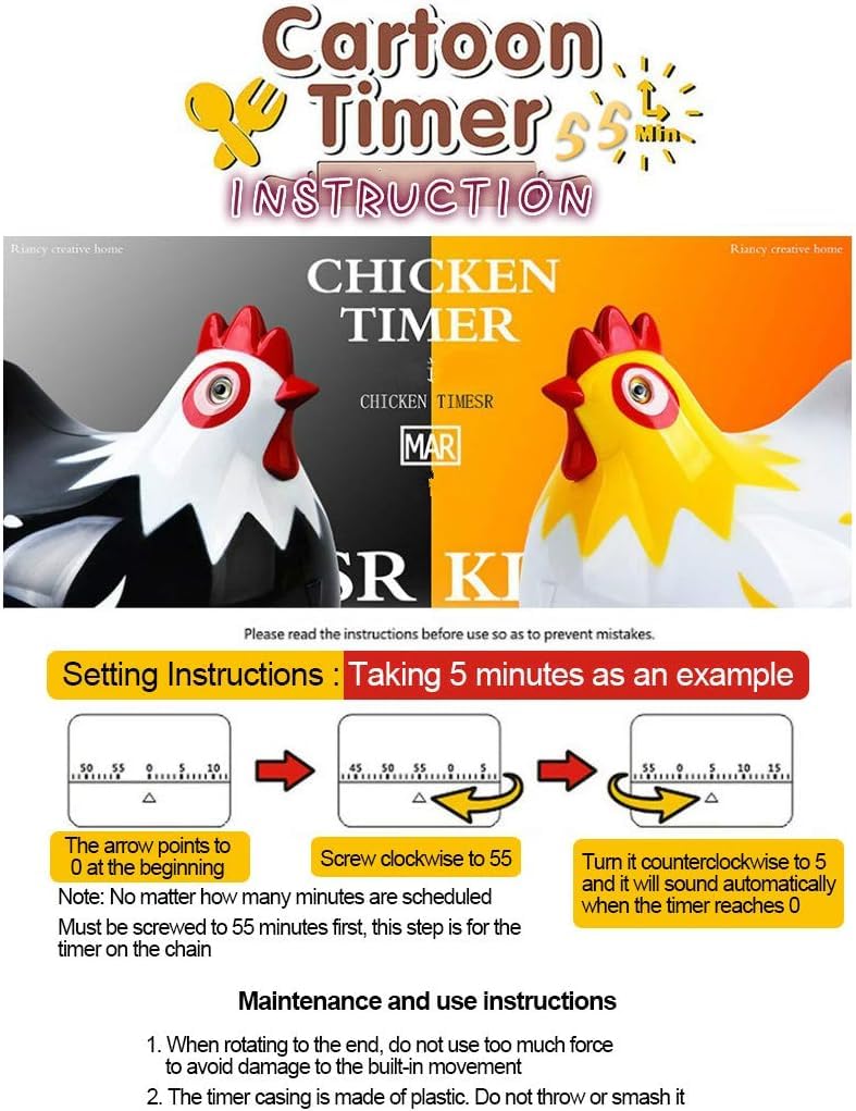 MAGT Chicken Timer, Cute Cartoon Kitchen Timer 2.55 * 2.55 Inch Cooking Timer Reminder Countdown Timer for Cooking Baking Sport Game