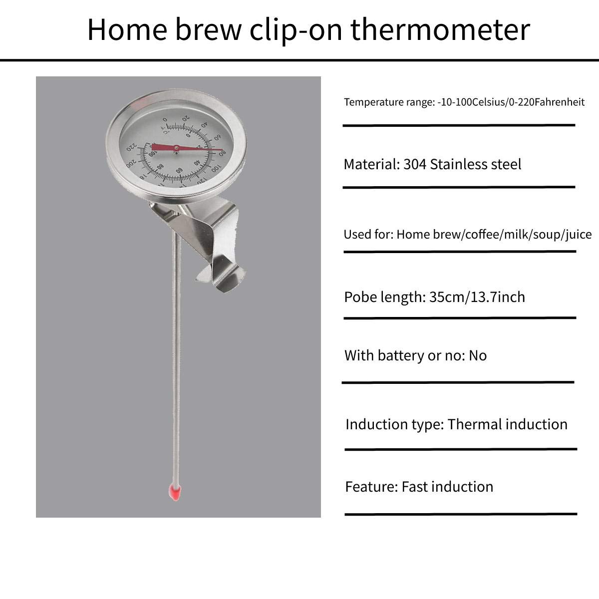 1Pc Kettle Clip on Dial Thermometer Home Brew Wine Beer Thermometers Stainless Steel Hot Liquid Milk Kitchen Cooking Probe Yogurt Temperature