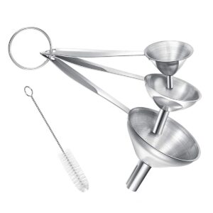 small funnels for filling bottles, 3 pcs stainless steel kitchen funnel set with long handle, food grade mini metal funnel for transferring oil liquid, easy cleaning with a brush