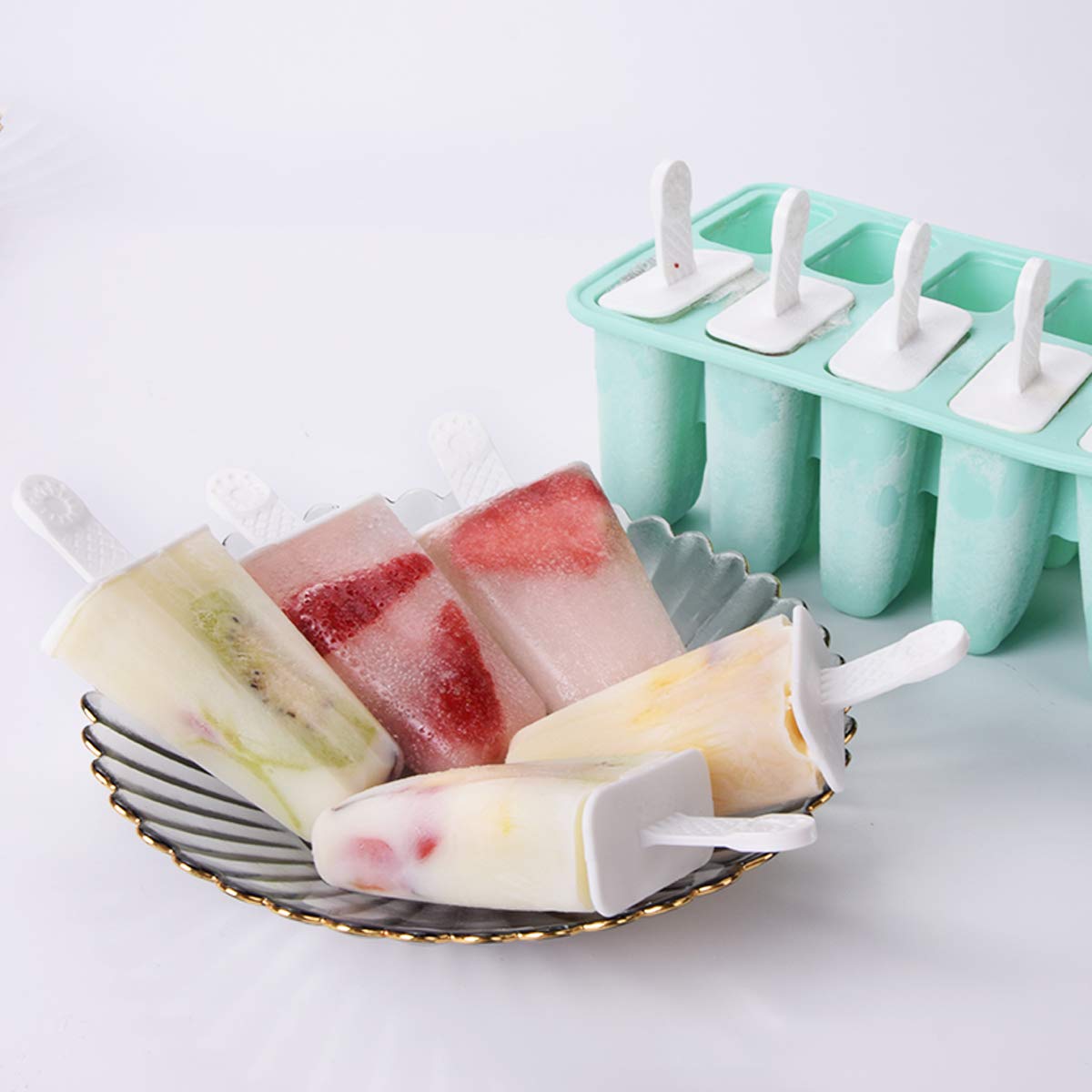 YSBER Popsicle Molds -10 Pieces Easy Release - Reusable BPA Free Silicone Ice Pop Molds Maker With Silicone Funnel & Cleaning Brush.