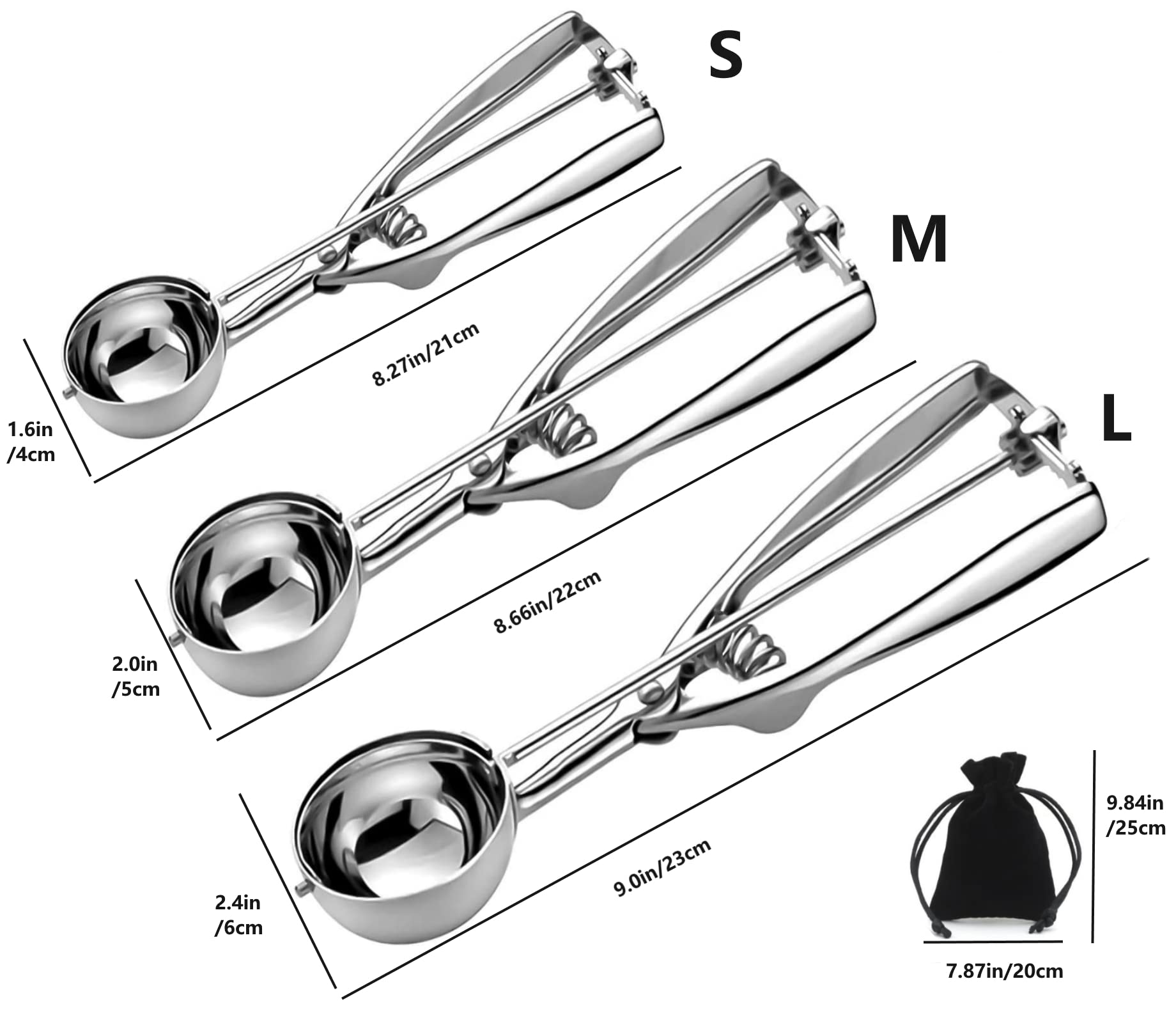 Ice Cream Scoop, 3Pcs Cookie Scoop Set, Stainless Steel Cookie Scoops for Baking Set of 3, Cookie Scooper for Baking, Ice Cream Scooper with Trigger Release, Cookie Dough Scoop, Cupcake Scoop