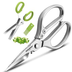 onebom kitchen shears 2 pack,multi-function kitchen scissors heavy duty sharp 304 stainless steel, sliver apartment kitchen accessories cooking shears for chicken,meat,fish,poultry(sliver)
