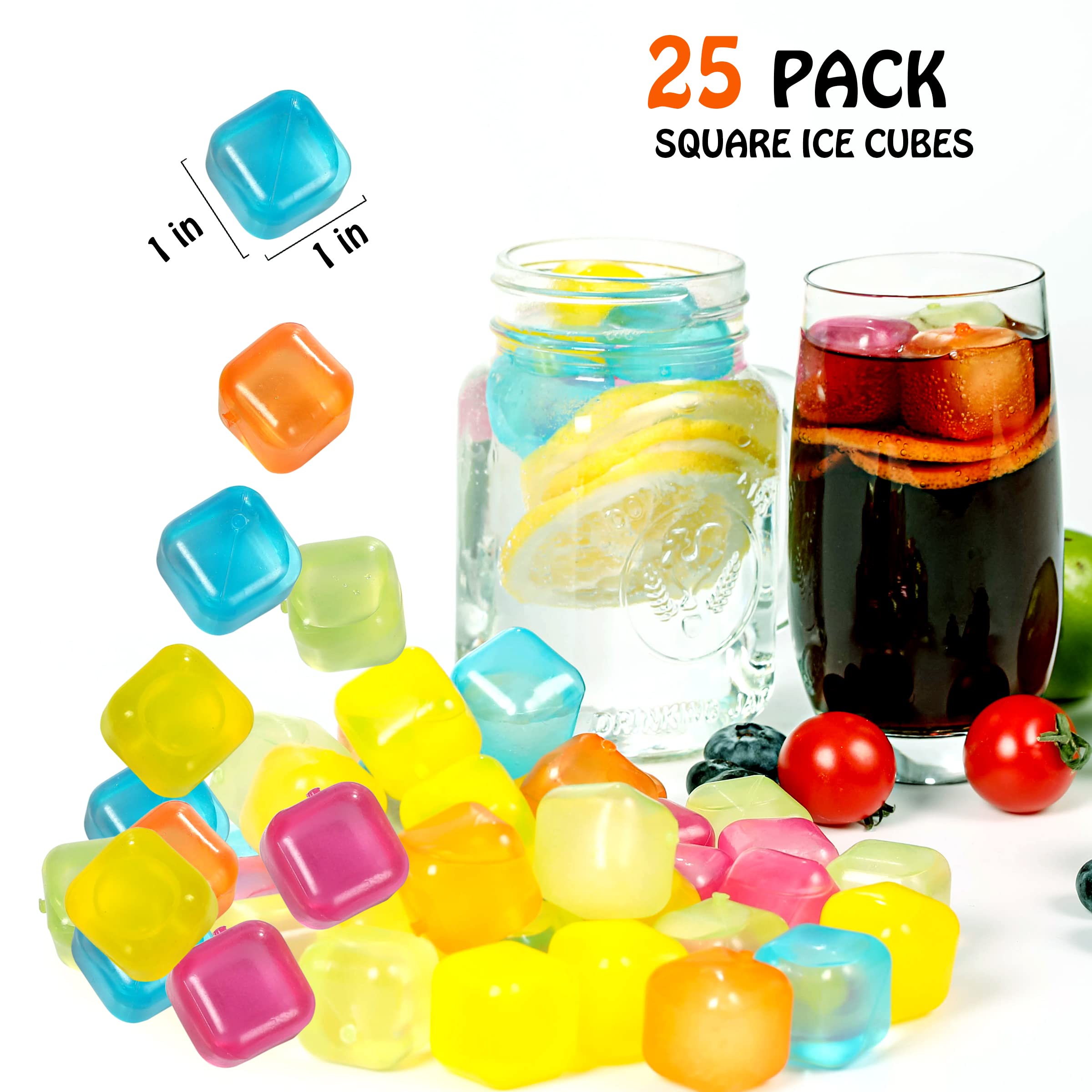Reusable Plastic Ice Cubes 25 Pack Colorful Refreezable Ice Cubes for drinks, Whiskey, Vodka or Coffee, Washable Non-Melting Ice Cubes Non-Diluting