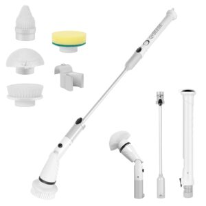 qybeede electric cleaning brush with long handle rechargeable, efficient electric spin scrubber cordless tub and tile scrubber, electric scrubber brush for cleaning bathroom cleaning tool waterproof