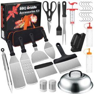 griddle accessories kit, 29pcs flat top grill accessories set for blackstone and camp chef, grill spatula set with enlarged spatulas, basting cover, scraper, tongs for outdoor bbq with meat injector