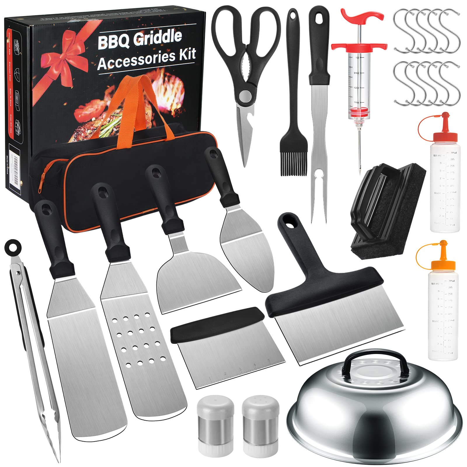 Griddle Accessories Kit, 29PCS Flat Top Grill Accessories Set for Blackstone and Camp Chef, Grill Spatula Set with Enlarged Spatulas, Basting Cover, Scraper, Tongs for Outdoor BBQ with Meat Injector