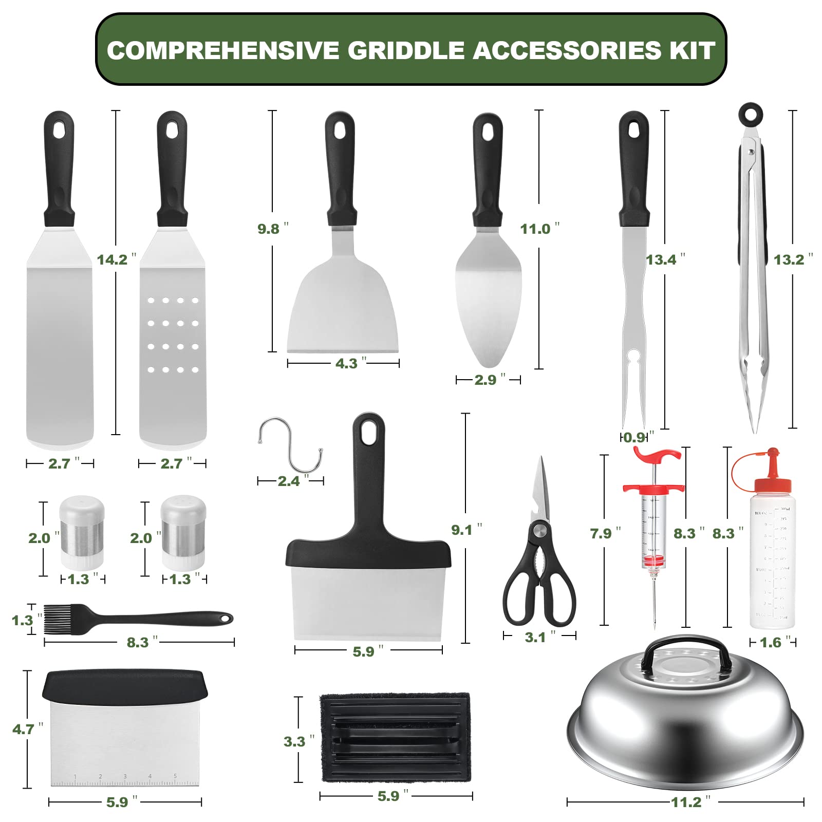 Griddle Accessories Kit, 29PCS Flat Top Grill Accessories Set for Blackstone and Camp Chef, Grill Spatula Set with Enlarged Spatulas, Basting Cover, Scraper, Tongs for Outdoor BBQ with Meat Injector