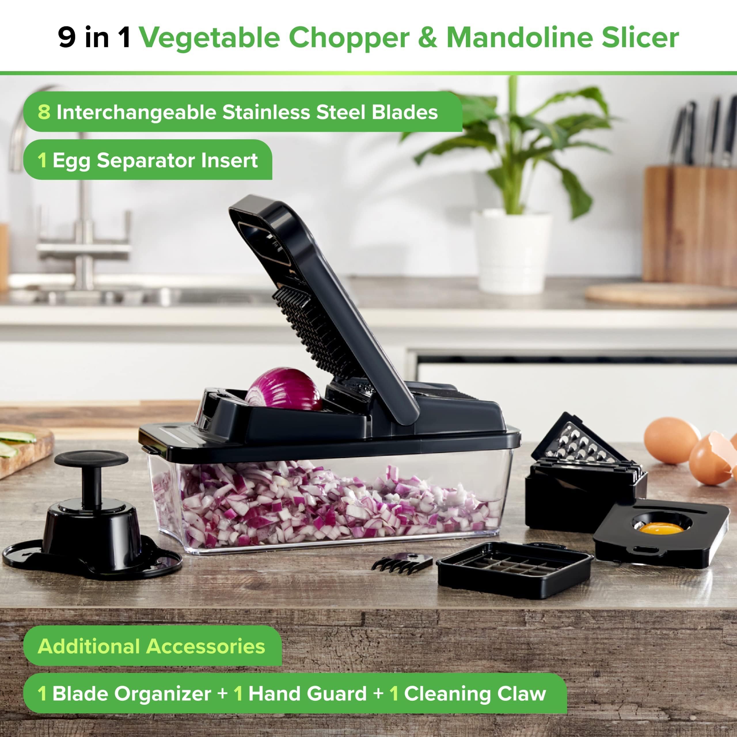 PrepNaturals Vegetable Chopper with Container, Veggie Chopper - Chopper Vegetable Cutter, Food Chopper & Onion Chopper - Onion Chopper Dicers, Choppers, Mandoline Slicer for Kitchen (9-in-1 Black)