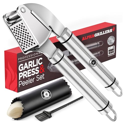 Alpha Grillers Garlic Press Stainless Steel - Premium Garlic Mincer with Silicone Garlic Peeler - Easy Squeeze Garlic Crusher, Grater and Grinder - Dishwasher Safe Easy Clean Kitchen Gadget