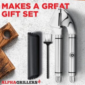 Alpha Grillers Garlic Press Stainless Steel - Premium Garlic Mincer with Silicone Garlic Peeler - Easy Squeeze Garlic Crusher, Grater and Grinder - Dishwasher Safe Easy Clean Kitchen Gadget