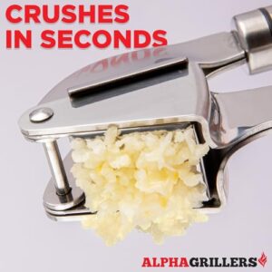 Alpha Grillers Garlic Press Stainless Steel - Premium Garlic Mincer with Silicone Garlic Peeler - Easy Squeeze Garlic Crusher, Grater and Grinder - Dishwasher Safe Easy Clean Kitchen Gadget