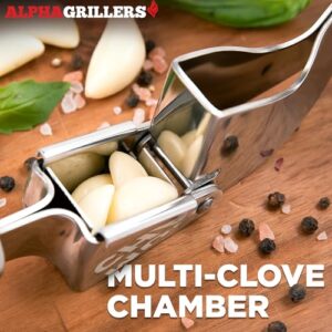 Alpha Grillers Garlic Press Stainless Steel - Premium Garlic Mincer with Silicone Garlic Peeler - Easy Squeeze Garlic Crusher, Grater and Grinder - Dishwasher Safe Easy Clean Kitchen Gadget