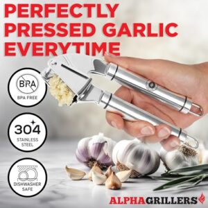 Alpha Grillers Garlic Press Stainless Steel - Premium Garlic Mincer with Silicone Garlic Peeler - Easy Squeeze Garlic Crusher, Grater and Grinder - Dishwasher Safe Easy Clean Kitchen Gadget