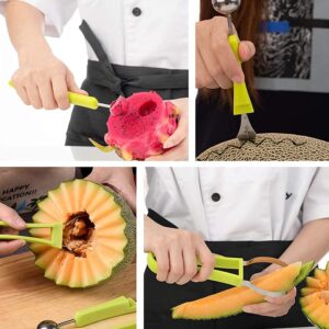 Suuker Melon Baller Scoop Set,4 In 1 fruit cutters shapes for kids, watermelon scooper fruit scooper and baller, Seed Remover Knife and fruit carving tools（Green）