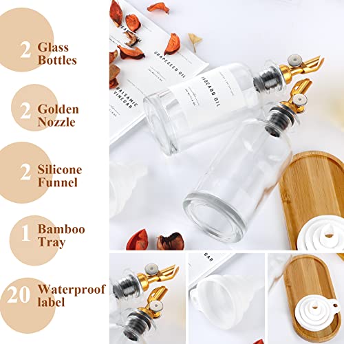 GIXSEGIE Olive Oil Dispenser Bottle with Bamboo Tray, w.Metal Pour Spout, Coffee Syrup Dispenser, Olive Oil Cruet Cooking Oil Dispenser for Kitchen