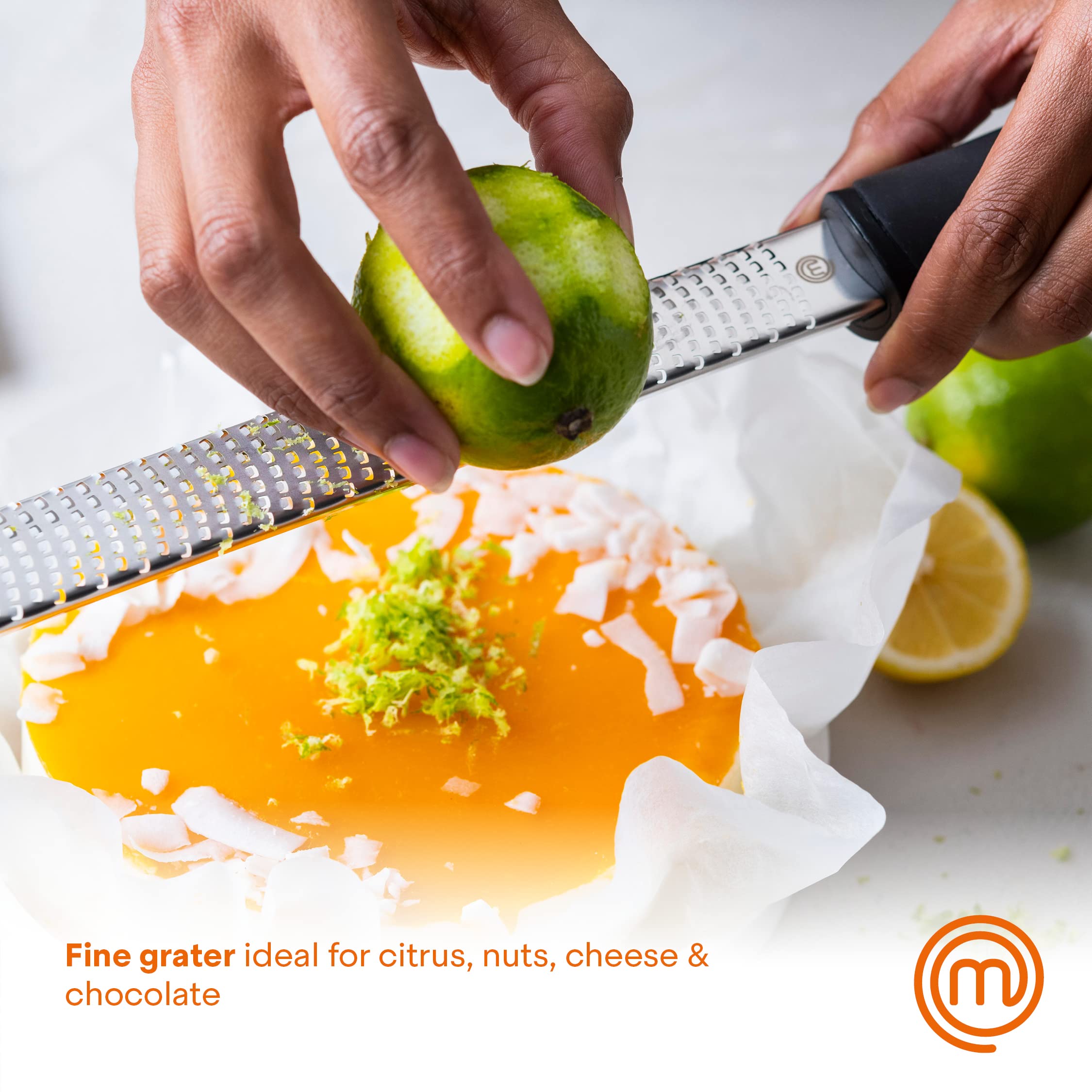 MasterChef Lemon Zester Grater with Handle, Kitchen Tool for Zesting Citrus Fruits & Finely Grating Parmesan Cheese, Garlic, Ginger, Coconut, Nutmeg, Wasabi, Chocolate etc, Stainless Steel, 12 inches
