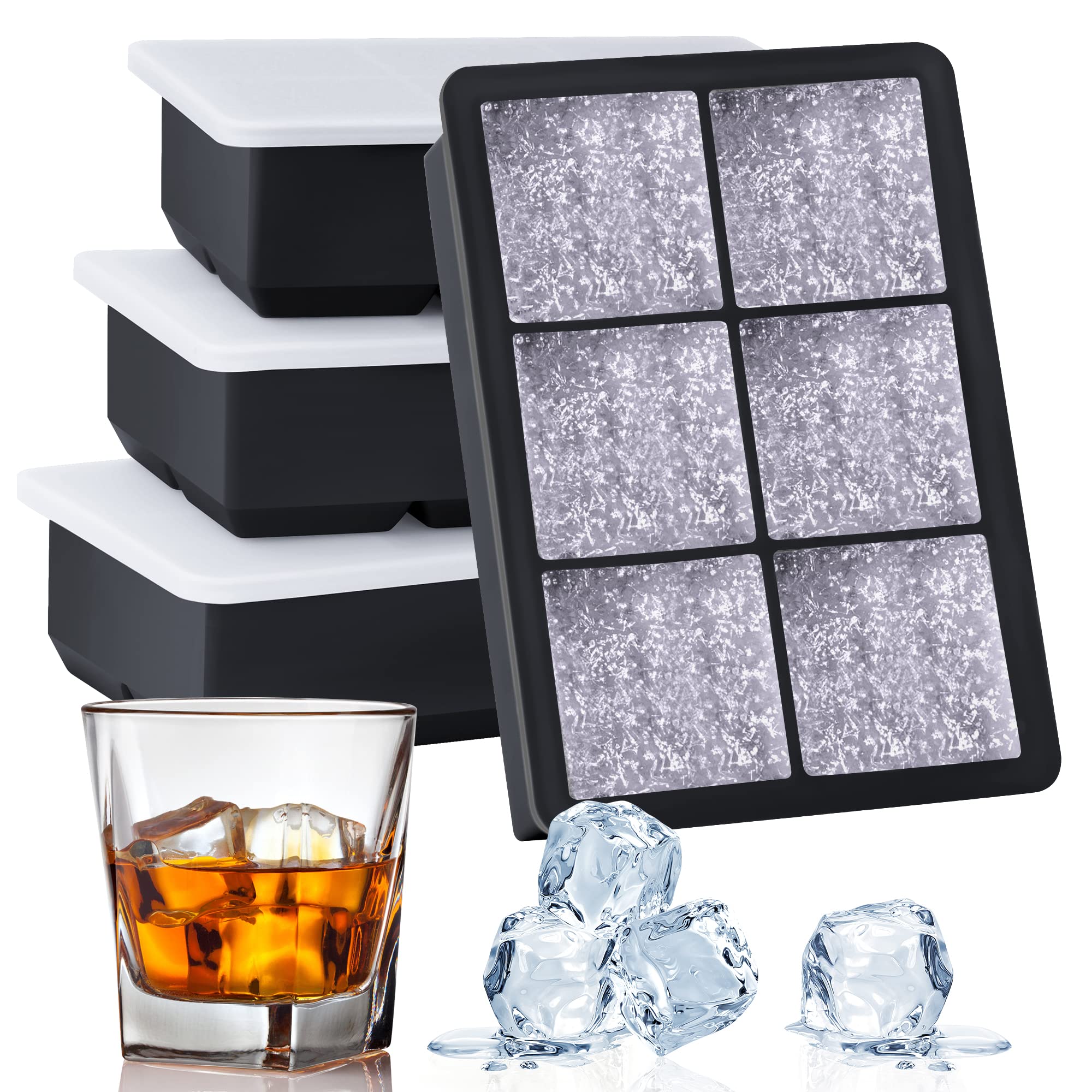 Kootek Ice Cube Trays with Lid (Set of 4), Silicone Large Square Ice Cube Maker Ice Cube Molds for Whiskey, Cocktails and Homemade Freezer