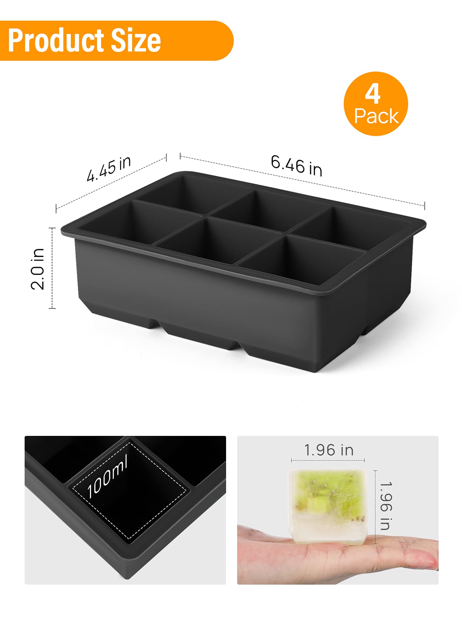 Kootek Ice Cube Trays with Lid (Set of 4), Silicone Large Square Ice Cube Maker Ice Cube Molds for Whiskey, Cocktails and Homemade Freezer