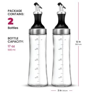FineDine Superior Glass Oil and Vinegar Dispenser, Modern Olive Oil Dispenser, Wide Opening for Easy Refill and Cleaning, Clear Glass Oil Bottle, Pouring Spouts, 18 Oz. Cruet Set (Set of 2)
