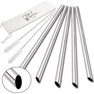 [angled tips] 5 pcs 10" reusable boba straws & smoothie straws, 0.5" wide stainless steel straws, metal straws for bubble tea/tapioca pearl, milkshakes, jumbo drinks | 2 cleaning brushes & 1 case