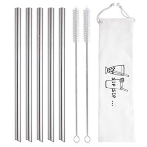 [Angled Tips] 5 Pcs 10" Reusable Boba Straws & Smoothie Straws, 0.5" Wide Stainless Steel Straws, Metal Straws for Bubble Tea/Tapioca Pearl, Milkshakes, Jumbo Drinks | 2 Cleaning Brushes & 1 Case