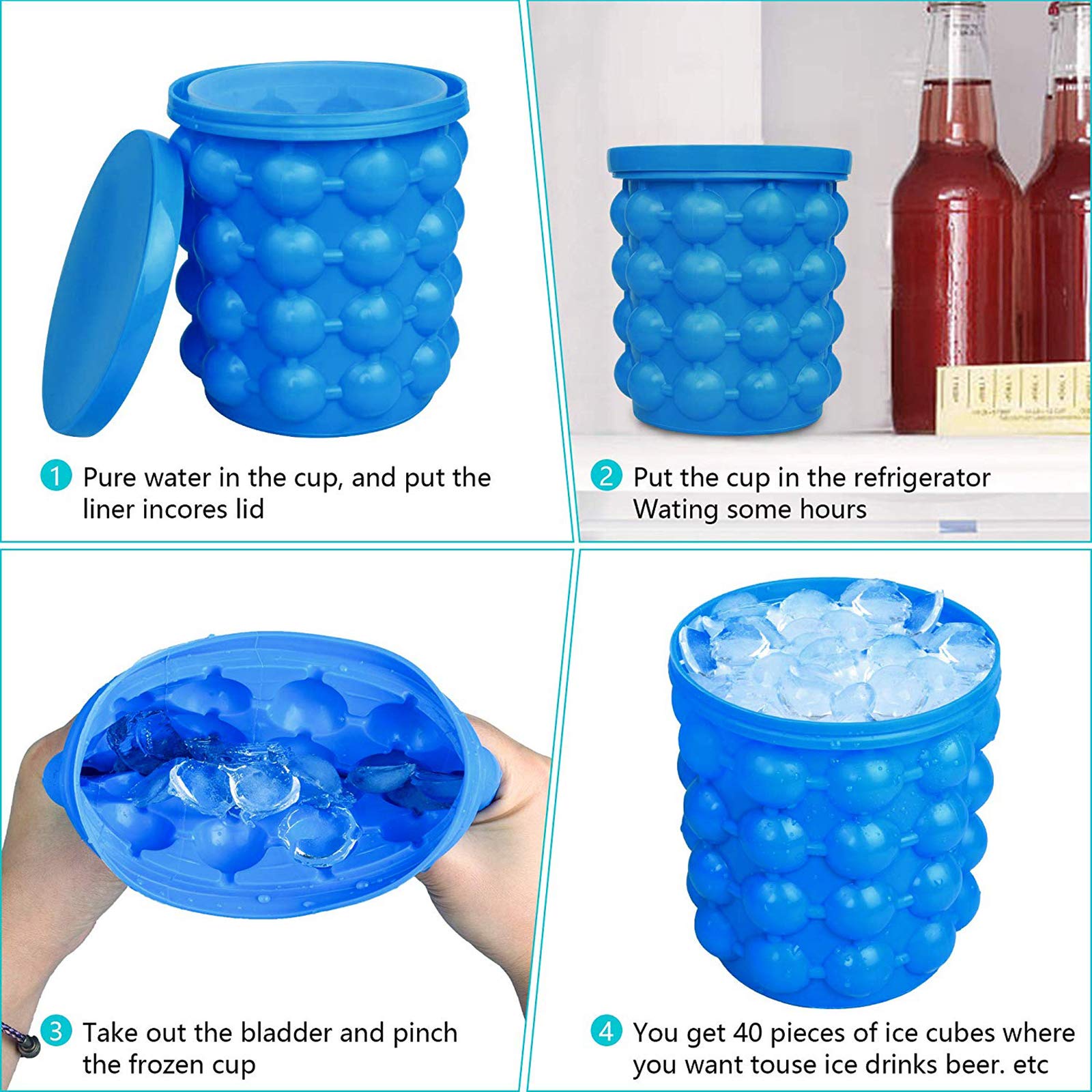 LAO XUE Ice Cube Mold Ice Trays, Large Silicone Ice Bucket, (2 in 1) Ice Cube Maker, Round,Portable,For Frozen Whiskey, Cocktail, Beverages